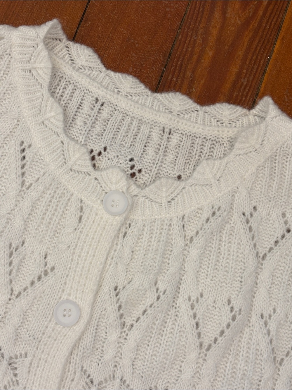 White Lace Knit Cardigan Cropped Button Front Romantic Cottagecore Coquette L - Picture 8 of 9